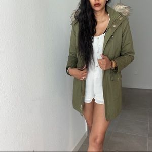 ZARA | Olive Green Coat with Faux Fur Hood